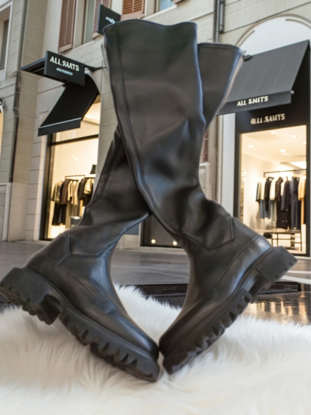 AllSaints Leona Black Leathee Over-The-Knee Lug-Sole Boots SZ 8